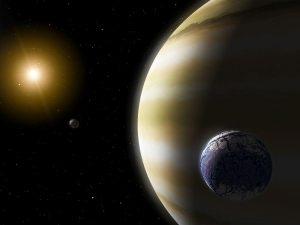 Artist's concept of an extrasolar planet and its moons.
