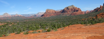 A view of the layered butes and mesas near Sedona. All of the open space between the outcrops was once solid rock, and thousands of feet more was once on top of that.